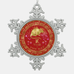 Adorno De Peltre Tipo Copo De Nieve Rata zodiaca china roja/dorada ID542