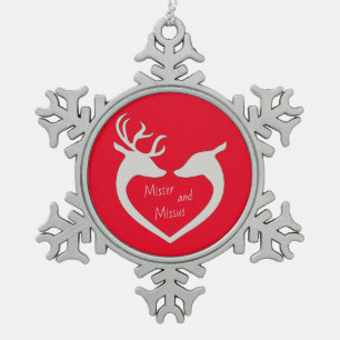 Adorno De Peltre Tipo Copo De Nieve Red & White Mr & Mrs Deer Couple Snowflake Pewter