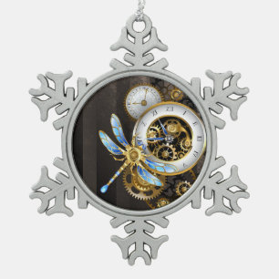 Adorno De Peltre Tipo Copo De Nieve Reloj Steampunk con libélula mecánica