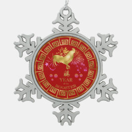 Adorno De Peltre Tipo Copo De Nieve Rooster zodiaco chino rojo/dorado ID542