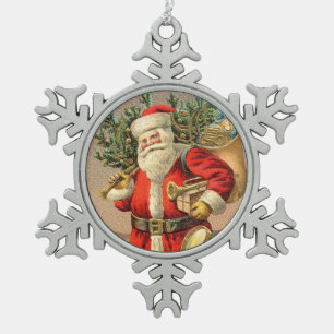 Adorno De Peltre Tipo Copo De Nieve Santa Claus antiguo trayendo regalos y árbol de Na