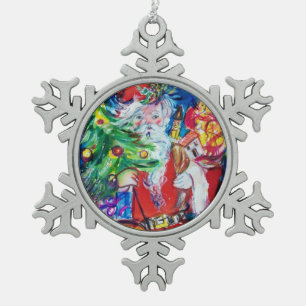 ADORNO DE PELTRE TIPO COPO DE NIEVE SANTA CON ÁRBOL DE NAVIDAD Y REGALOS