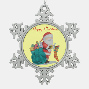Adorno De Peltre Tipo Copo De Nieve santa con saco verde preparándose para navidades