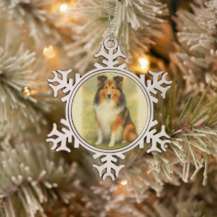 Adorno De Peltre Tipo Copo De Nieve Shetland Sheepdog Sentado Acuarela