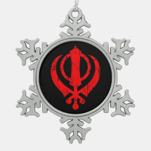 Adorno De Peltre Tipo Copo De Nieve Símbolo sikh rojo rasguñado de Khanda en negro