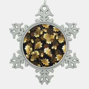 Adorno De Peltre Tipo Copo De Nieve Sin costuras con ramas de roble dorado sobre negro