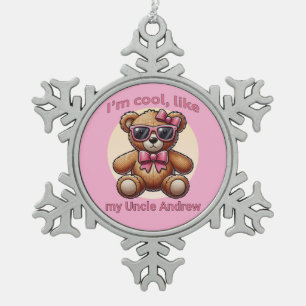 Adorno De Peltre Tipo Copo De Nieve Soy Teddy Bear Cool con Lazo Rosa Personalizable