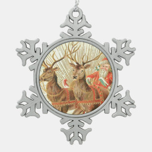 Adorno De Peltre Tipo Copo De Nieve Tarjeta postal de Navidad antigua, Santa con renos