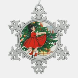 Adorno De Peltre Tipo Copo De Nieve Tarjeta postal retro de Navidad, niño y árbol de N