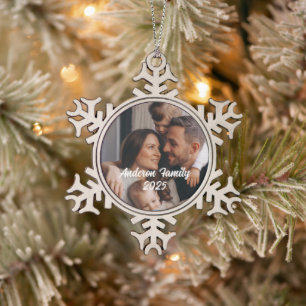 Adorno De Peltre Tipo Copo De Nieve Texto de foto personalizada de Navidad familiar