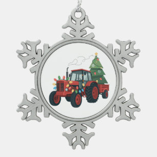 Adorno De Peltre Tipo Copo De Nieve Tractor con remolque Santa granja agricultor Navid