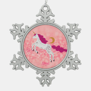 Adorno De Peltre Tipo Copo De Nieve Unicornio personalizado de purpurina rosa de Navid