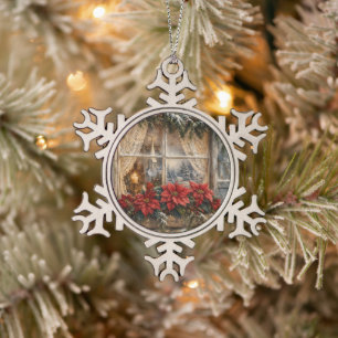 Adorno De Peltre Tipo Copo De Nieve Ventana de Navidad con Poinsettia Nevada