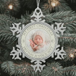 Adorno De Peltre Tipo Copo De Nieve Vintage My First Christmas Baby Photo Antibe Look<br><div class="desc">Celebra las simples alegrías de la temporada navideña con una foto personalizado alrededor del metalizado ornamento navideño de copas de nieve. El diseño neutro desde el punto de vista del género es adecuado para un niño o chica de recién nacido. La redacción y la imagen de esta plantilla son fáciles...</div>