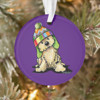 Adorno de perro Terrier con sombrero de invierno
