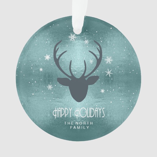 Adorno Deer Antlers Silhouette & Snowflakes Verde azulada (Anverso)