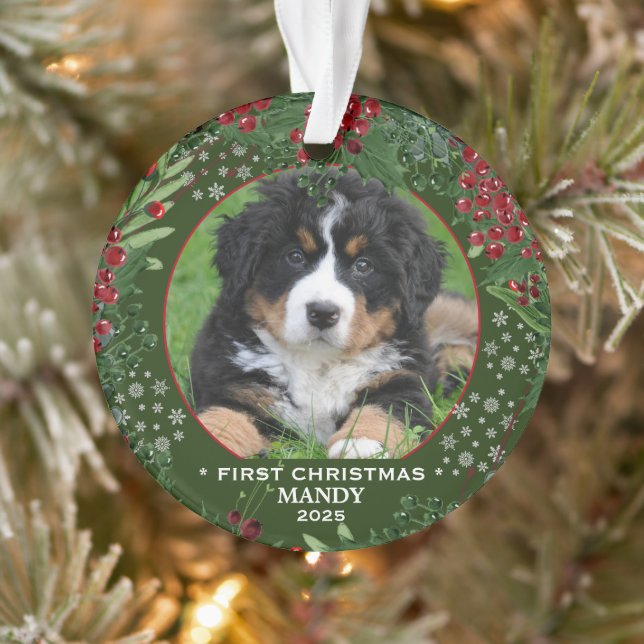Adorno Dog First Christmas holly wreath snowflakes foto (Árbol)