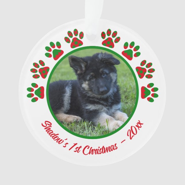 Adorno Dog First Christmas Photo Paw Print Red (Anverso)
