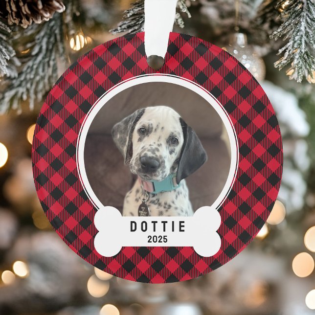 Adorno Dog Photo Red and Black Buffalo Plaid Christmas (Dog Photo Red and Black Buffalo Plaid Christmas Ornament)