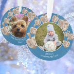 Adorno Dreidel Rustic Oak Doble cara 2 Foto Hanukkah<br><div class="desc">Personaliza estos adorables ornamentos de Hanukkah redondos con 2 fotos y texto a cada lado. De dos caras, estos adornos vacacionales personalizados cuentan con 9 diseños falsos de madera de roble, desde grandes hasta pequeños, en el borde impreso sobre un fondo de azul oscuro medio. Tu foto en el centro...</div>