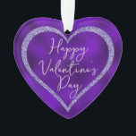 Adorno El día de San Valentín de guión romántico Purpurin<br><div class="desc">Este ornamento de personalizado conserva un diseño romántico de corazón morado. El fondo es un hermoso patrón de Relieve metalizado púrpura con un marco cardíaco purpurina que bordea el texto. Un saludo de "Feliz Día de San Valentín" está impreso en el centro en un elegante tipo de letra.</div>