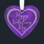 Adorno El día de San Valentín de guión romántico Purpurin<br><div class="desc">Este ornamento de personalizado conserva un diseño romántico de corazón morado. El fondo es un hermoso patrón de Relieve metalizado púrpura con un marco cardíaco purpurina que bordea el texto. Un saludo de "Feliz Día de San Valentín" está impreso en el centro en un elegante tipo de letra.</div>