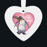 Adorno El día de San Valentín Penguin<br><div class="desc">Desfile Animal Romántico de Amor Pingüino y Corazones Regalos y Accesorios de San Valentín presenta nuestra divertida obra de arte de un pingüino lindo sosteniendo a una rosa en la boca con sus corazones púrpura, rojo y rosado estratificados detrás de ella creada por nuestro talentoso artista, Traci Van Wagoner. Nuestro...</div>
