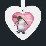 Adorno El día de San Valentín Penguin<br><div class="desc">Desfile Animal Romántico de Amor Pingüino y Corazones Regalos y Accesorios de San Valentín presenta nuestra divertida obra de arte de un pingüino lindo sosteniendo a una rosa en la boca con sus corazones púrpura, rojo y rosado estratificados detrás de ella creada por nuestro talentoso artista, Traci Van Wagoner. Nuestro...</div>