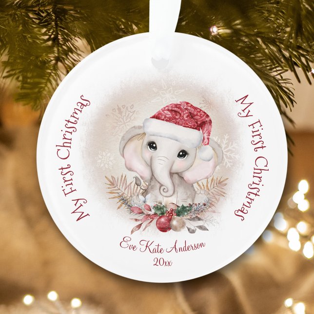 Adorno El elefante lindo bebé primer Chica navideño acríl (Cute Elephant Baby First Christmas Girl Acrylic Ornament)