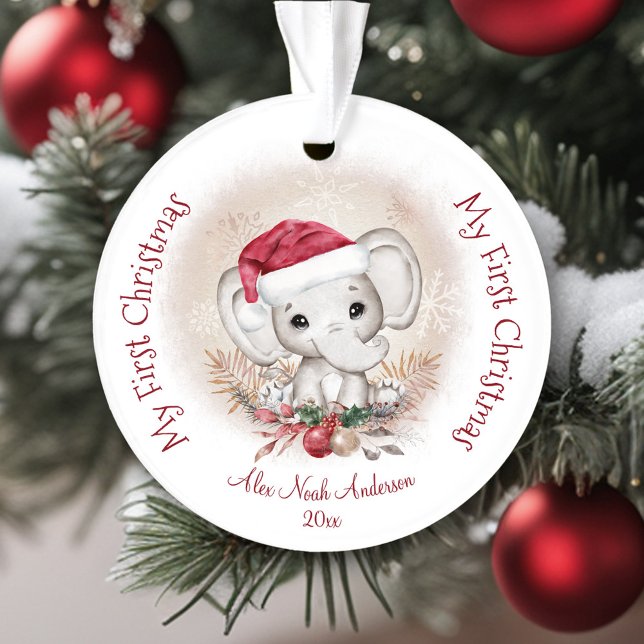 Adorno El elefante lindo bebé primer niño de Navidad acrí (Cute Elephant Baby First Christmas Boy Acrylic Ornament)