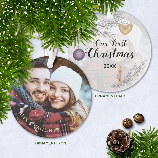 Adorno El oro morado personalizó nuestra primera foto de  (Keepsake First Christmas Couple's Photo Ornament with Year)