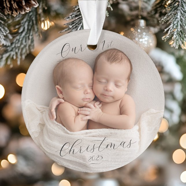 Adorno Elegant Script Photo Twin Babies First Christmas (Elegant Script Photo Twin Babies First Christmas Ornament
)