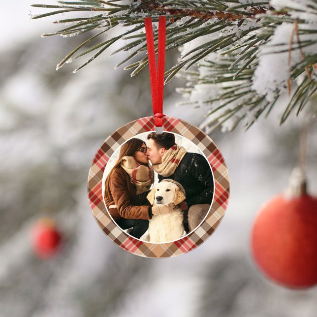 Adorno Elegant Tan Tartan Plaid Custom Christmas Photo (Subido por el creador)