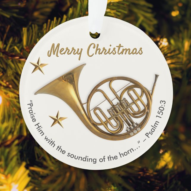 Adorno Elegante Cuerno Francés con Navidades Salm 150:3 (A festive ornament with French horn picture, Merry Christmas greeting, Bible quote and custom text)