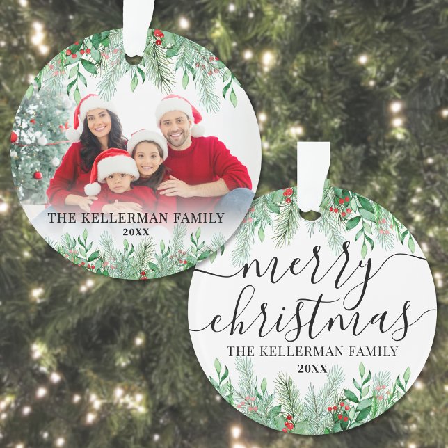 Adorno Elegante foto de la familia de la vegetación Feliz (Elegant Greenery Family Photo Merry Christmas Ornament)