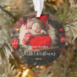 Adorno Elegante foto simple bebé primera Navidad<br><div class="desc">El adorno de Navidad de Cute Baby presenta un diseño sencillo con "Nombre de la Primera Navidad" en un guión elegante y el año pasado sobre tu foto favorita del recién nacido. La parte de atrás tiene una segunda foto junto con el nombre del bebé y las estadísticas de nacimiento....</div>