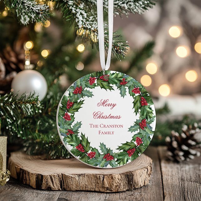 Adorno Elegante Holly Berries Wreath Merry Christmas Phot (Elegant Holly and Berries Wreath Merry Christmas Photo Ornament)