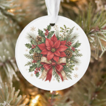 Elegante Navidad Vintage Flor de Pascua Acebo Pino