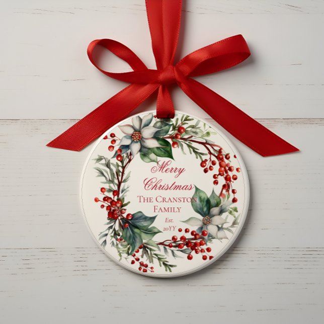 Adorno Elegante Poinsettia Berries Wreath Merry Christmas (Elegant Poinsettia and Berries Wreath "Merry Christmas" Family Name and Date Holiday Ornament)