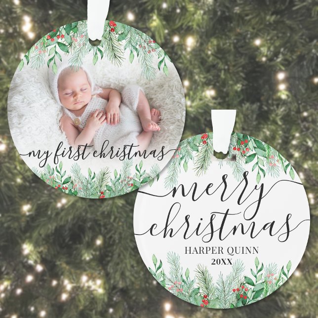 Adorno Elegante verde foto bebé primera Navidad (Elegant Greenery Baby Photo First Christmas Ornament )