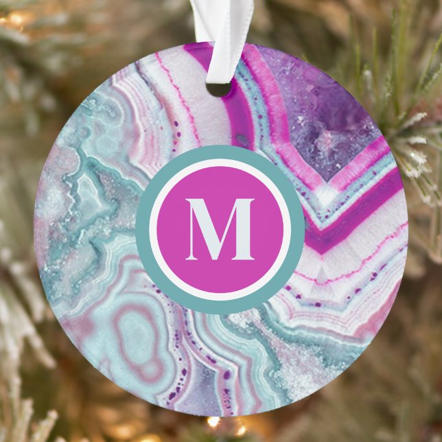 Adorno Elegantes Navidades de Monograma Inicial (Modern Teal Magenta Pink Agate Initial Monogram Ornament)