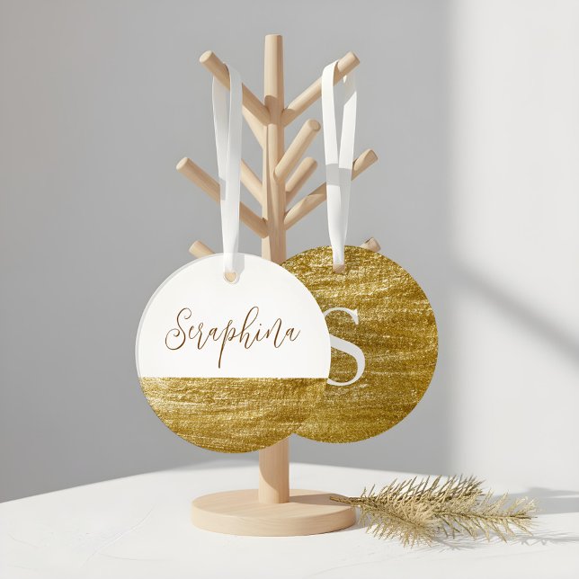 Adorno Elegantes Navidades en Monograma de Leaf de Oro Bl (Elegant White & Faux Gold Leaf Monogram Christmas Ornament)