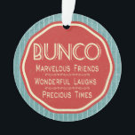 Adorno Emblema del vintage de Bunco<br><div class="desc">Ornamento de Bunco del diseño del arte gráfico del estilo del vintage. Ofrece un fondo rayado elegante con un emblema de la bandera. El texto lee: Bunco, amigos maravillosos, risas maravillosas y épocas preciosas. El ornamento de Bunco se puede utilizar como un premio de Bunco o premio de Bunco. Exhiba...</div>