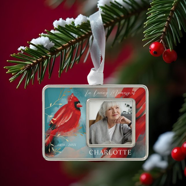 Adorno En memoria amorosa, foto conmemorativa del cardena (In Loving Memory Red Cardinal Bird Memorial Photo Christmas Ornament)