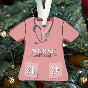 Adorno Enfermera Scrubs Camisas rosas Stethoscope Navidad