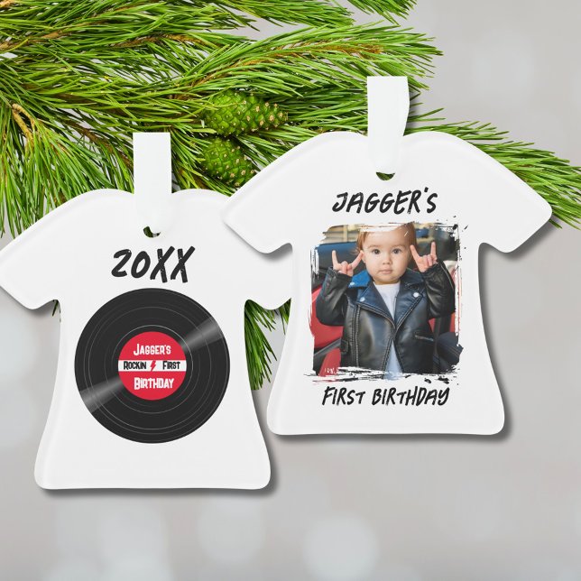 Adorno Estrella de rock primer registro de cumpleaños cam (Custom T-shirt keepsake photo ornament to commemorate a rock and roll first birthday)