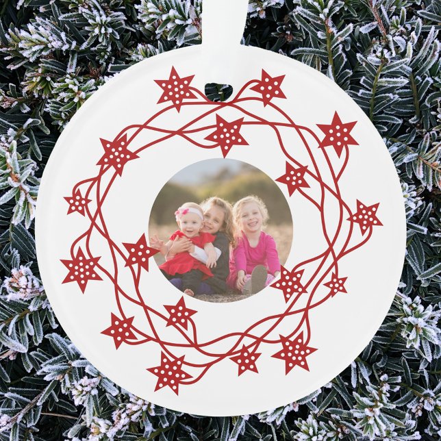 Adorno Estrella fotográfica Wreath Scandinavian (Scandinavian star wreath red and white family photo Christmas ornament)