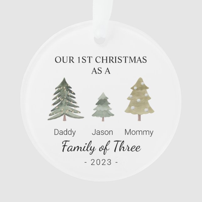 Adorno Familia de tres bebés Primera Navidad personalizad (Anverso)