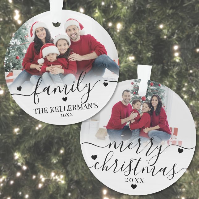 Adorno Familia personalizado de dos caras dos Navidades d (Custom Double Sided Family Two Photo Christmas Ornament )