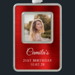 Adorno Faux Red Relieve metalizado 21st Birthday Photo<br><div class="desc">Crea tu propio adorno de fotos con marcos de conservas de 21 años. Puede cambiar el color del tipo de letra blanco. Hay espacio para aumentar el tamaño de letra de algunos nombres. Las obras de arte digitales presentan un Relieve metalizado metalizado falso rojo. Los elementos artísticos se imprimen como...</div>